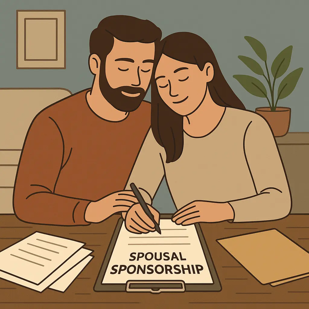 Couple completing Canadian spousal sponsorship application together at home.
