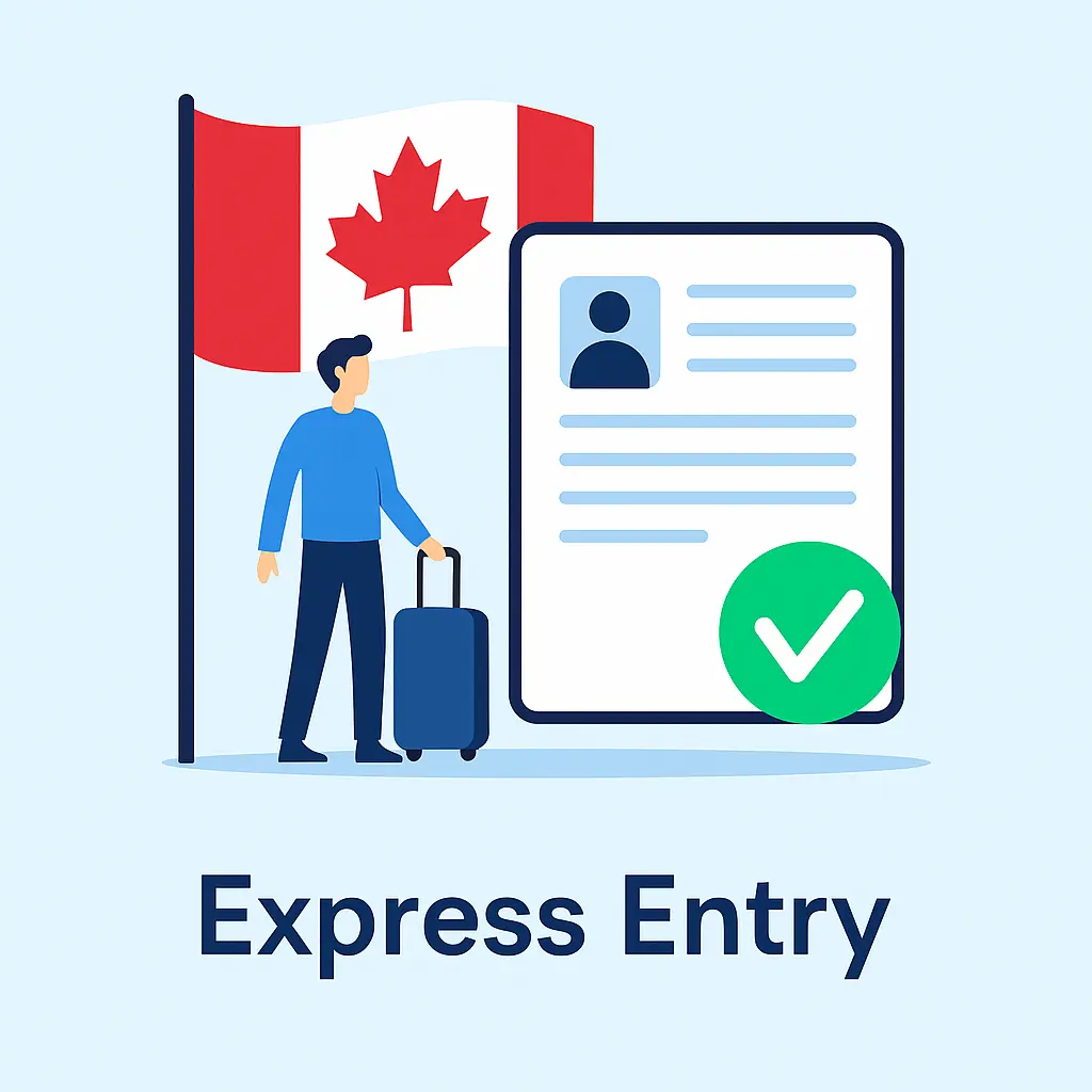Express Entry Canada illustration with applicant and immigration document
