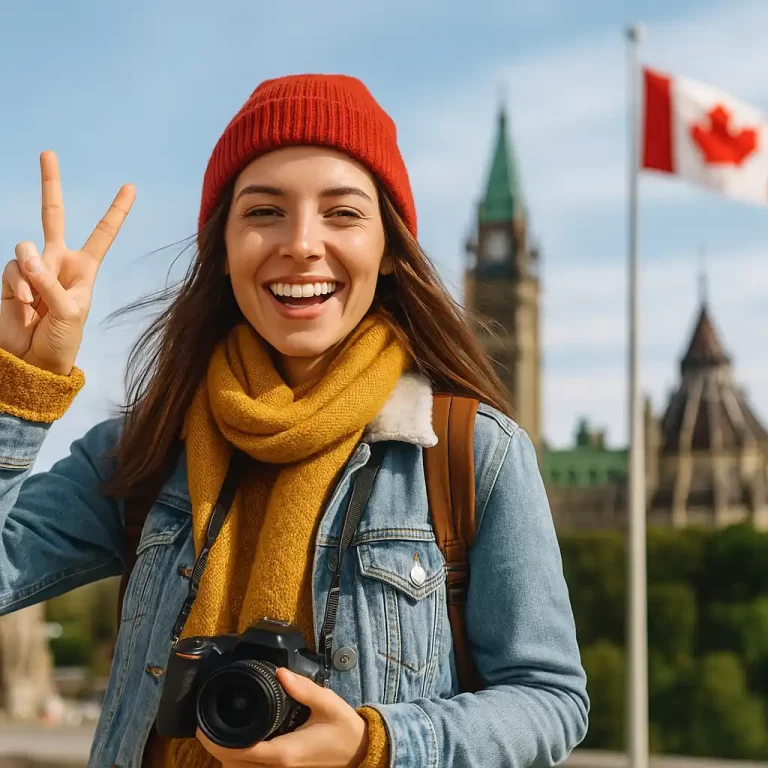 Happy tourist in Canada smiling near natural scenery with a backpack