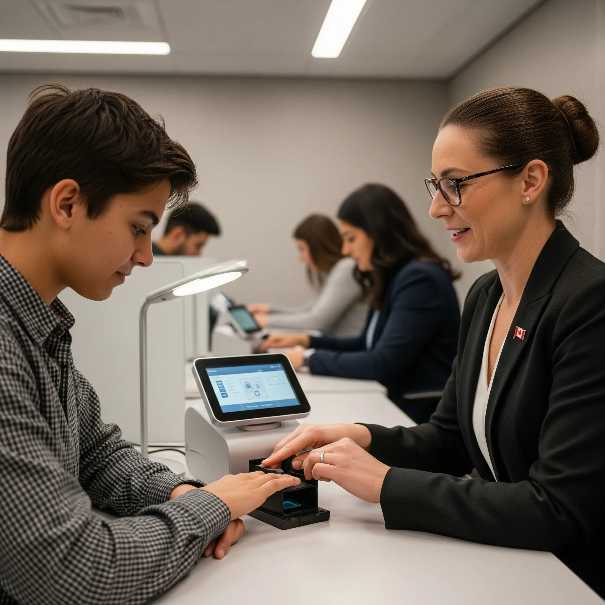 Canadian immigration officer collecting applicant’s fingerprints for biometrics.