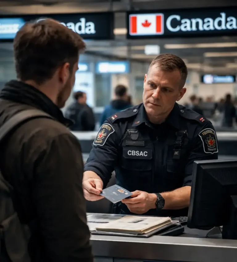 Criminal Rehabilitation Canada – Traveler at Canadian airport secondary inspection being questioned by border officer regarding admissibility to Canada